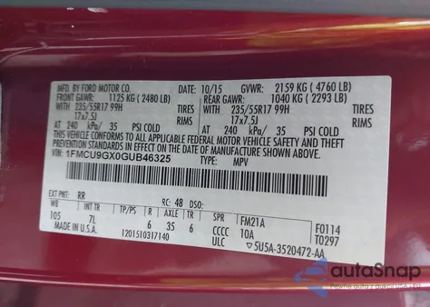 2016 Ford Escape Se from USA, damaged, VIN 1FMCU9GX0GUB46325